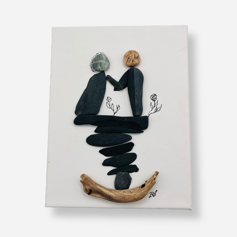 Couple Pebble Art Picture Gift Anniversary Love Driftwood Signed Bb 8x6" Beach